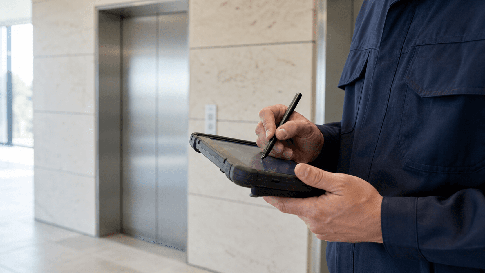 Servicetechniker dokumentiert einen Bericht mit Tablet vor einem Aufzug